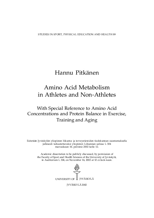 Amino acid metabolism in athletes and non-athletes : with special reference to amino acid concentrations and protein balance in exercise, training and aging