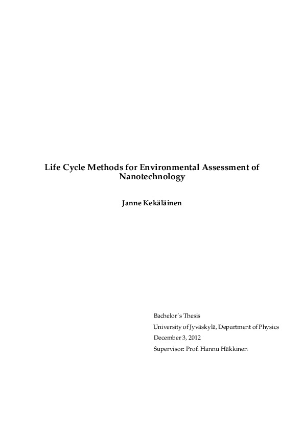 Life cycle methods for environmental assessment of nanotechnology