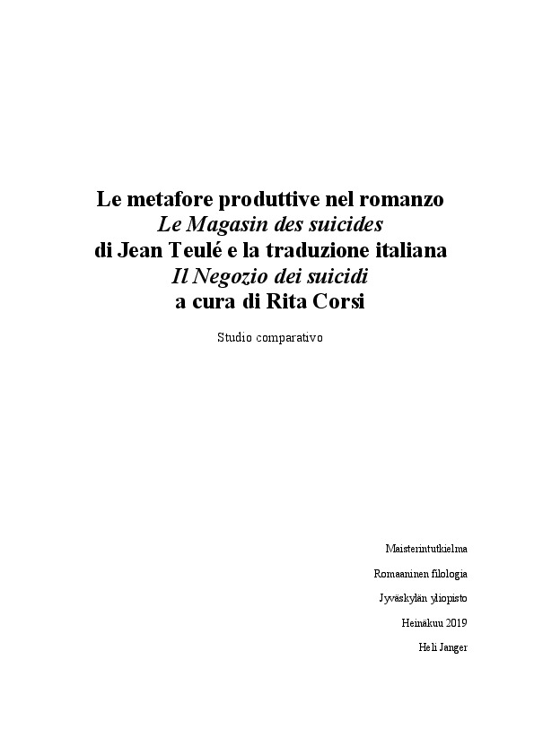 Le metafore produttive nel romanzo Le Magasin des suicides di Jean Teulé e la traduzione italiana Il Negozio dei suicidi a cura di Rita Corsi