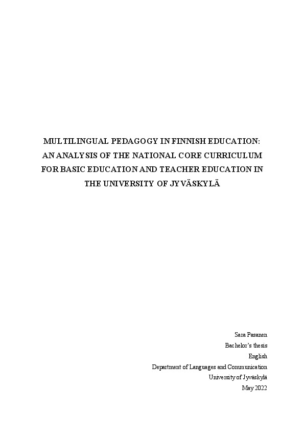 Multilingual pedagogy in Finnish education : an analysis of the national core curriculum for basic education and teacher education in the University of Jyväskylä