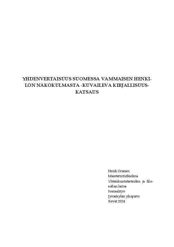 Book Cover: Yhdenvertaisuus Suomessa vammaisen henkilön näkökulmasta : kuvaileva kirjallisuuskatsaus